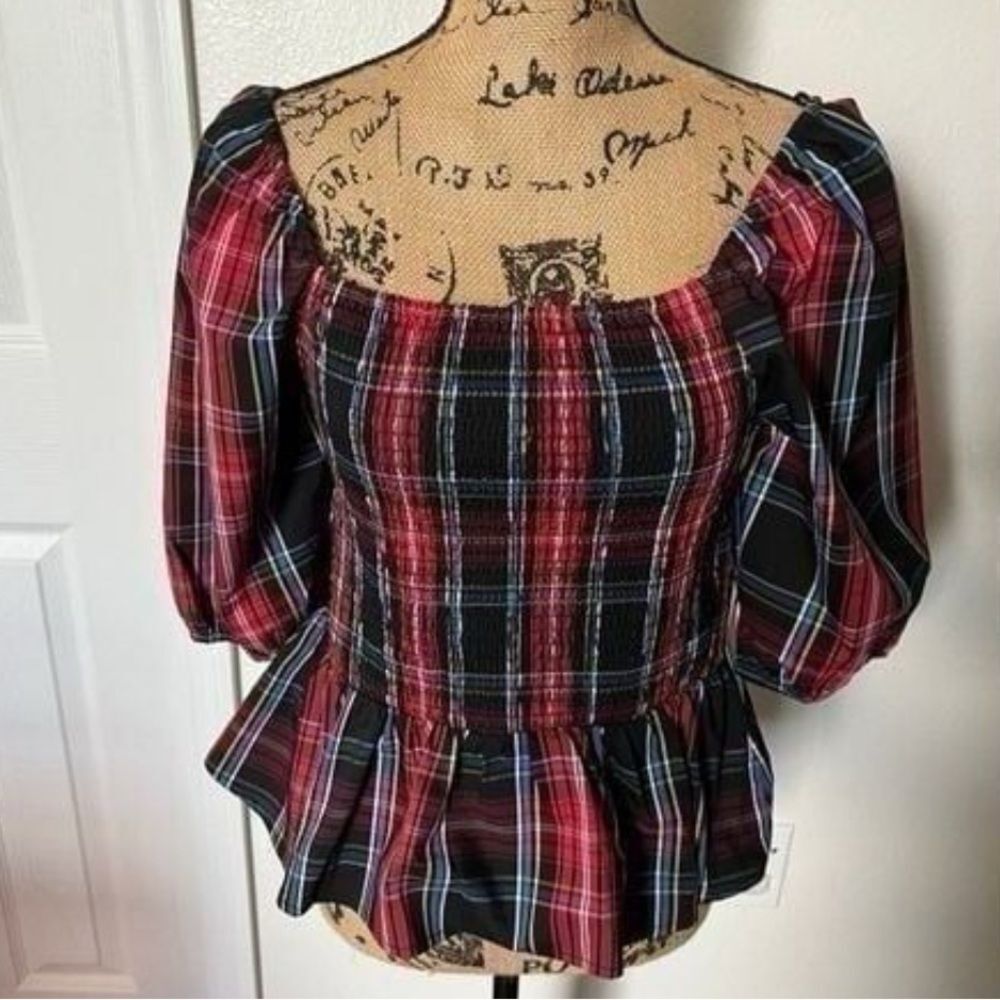 Draper‎ James RSVP Plaid Smocked Peplum Top-Size Small